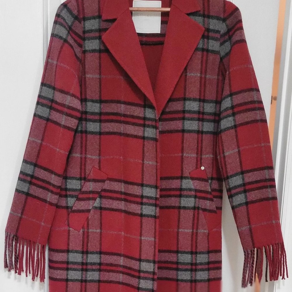 SOSKEN STUDIOS red tartan fringed long cardigan/jacket. Never worn.